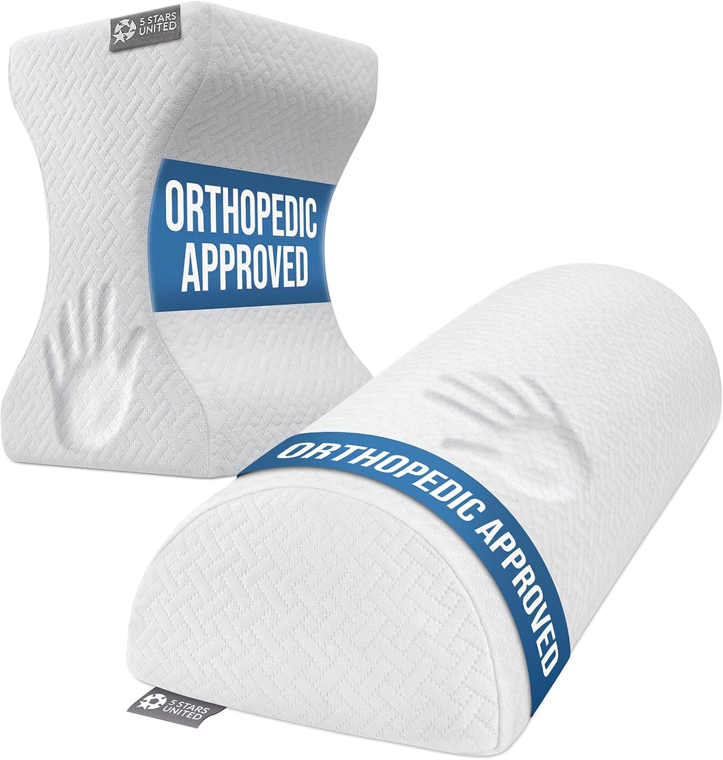 5 STARS UNITED Large Knee Pillow for Side Sleepers + Knee Pillow for Back Sleeping – Memory Foam Cushion for Sciatica Pain Relief – Under Leg Support for Sleeping, Large Half Moon Bolster for Bed