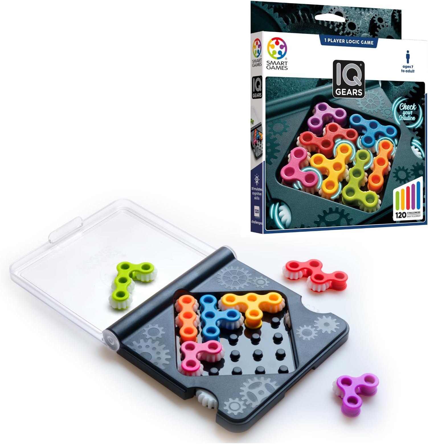 SmartGames IQ Gears Travel-Friendly Dynamic Logic Game Featuring 120 Challenges for Ages 7 - Adult