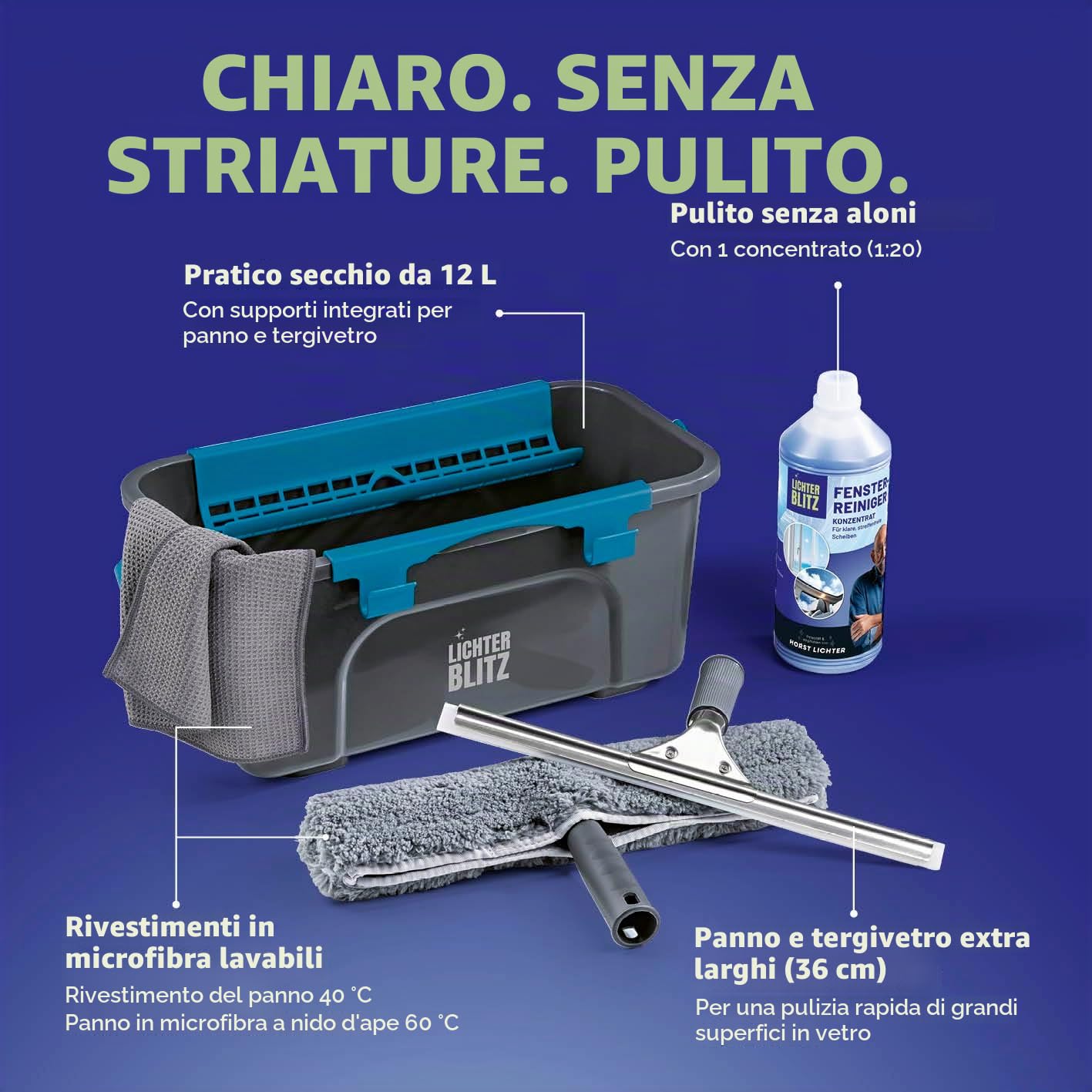 Set completo per la pulizia dei vetri, professionale, con lavavetri, secchio da 12 litri con ripiano, raschietto, panno in microfibra e detergente, per casa e auto