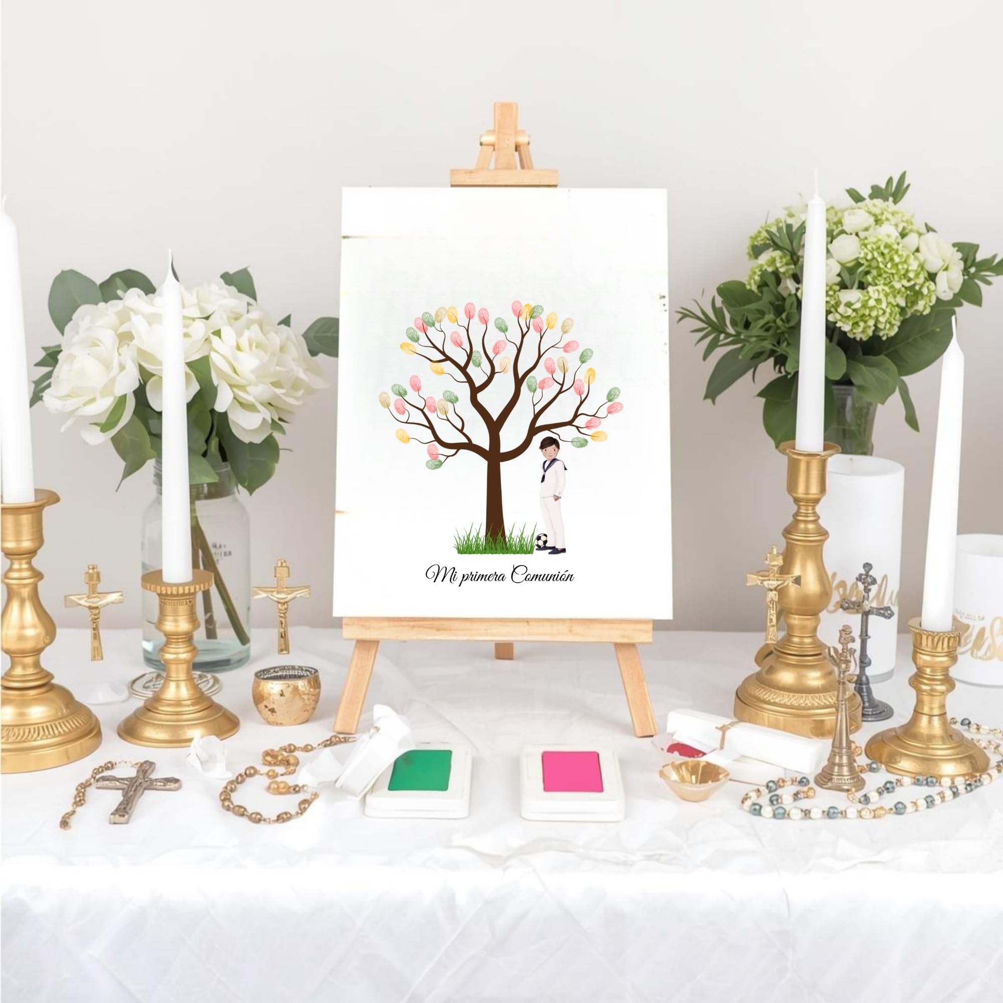 Eedama Decor Árbol de Huellas Comunión Niño Moreno – Lámina A3 con 2 Tintas incluídas (aleatorias) – Recuerdo Original para Invitados – Decoración de Primera Comunión — view 8