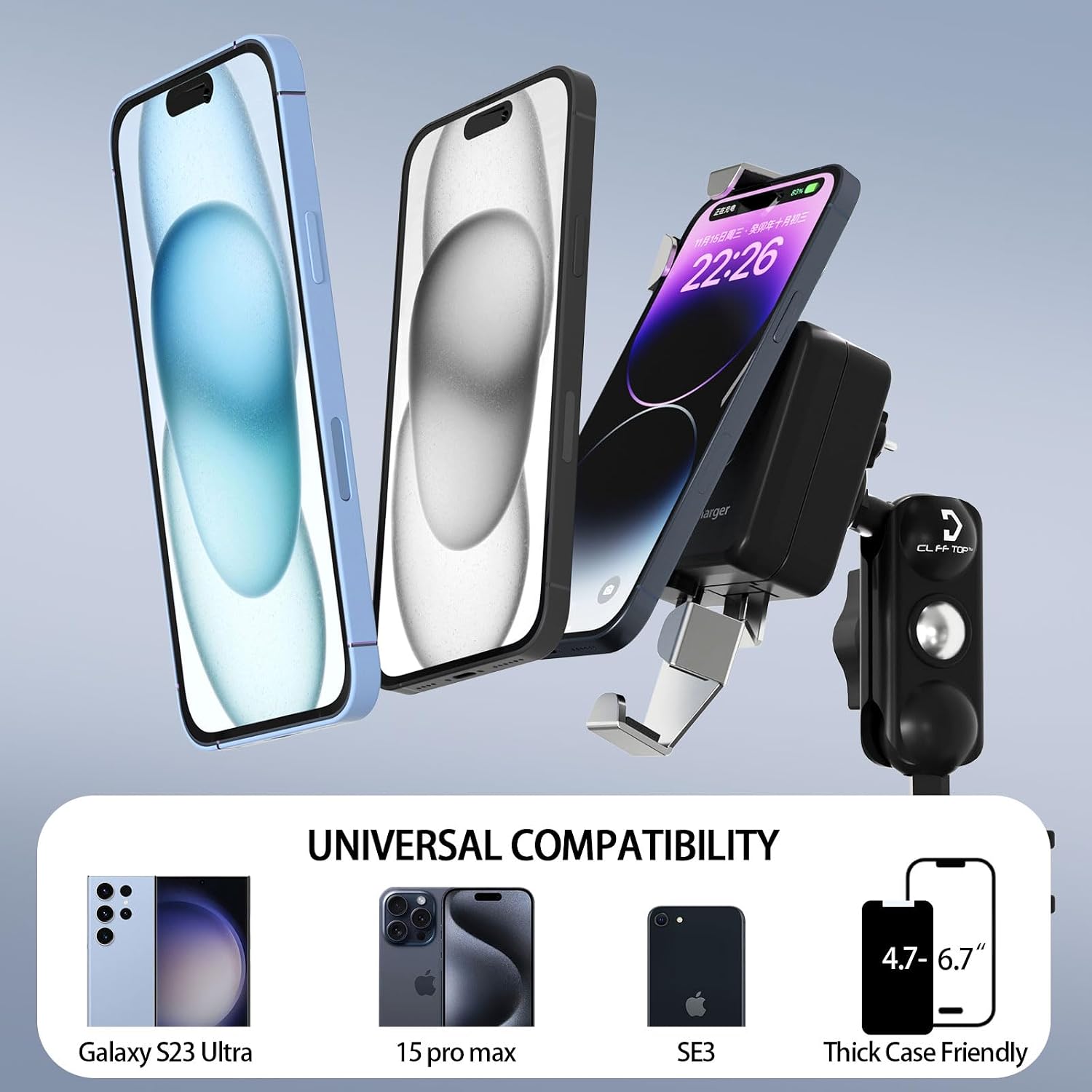 Cliff Top Motorcycle Phone Mount Charger, 15W Wireless, 22-25.4mm Handlebar | 15W wireless charging, 18W Type-C PD, anti-vibration holder, 22-25.4mm handlebar mount, fits 4.7-6.8 in phones, 360 rotation