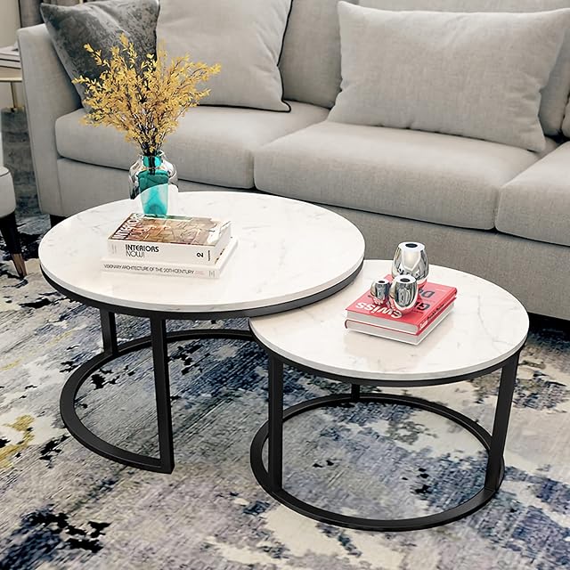 Marble Coffee Tables Set, Modern Round Nesting Table Set of 2 Sofa Table for Living Room, Console Table Set with Anti-Rust Sturdy Metal Frame for Bedroom Living Room Home Office, White (Black)