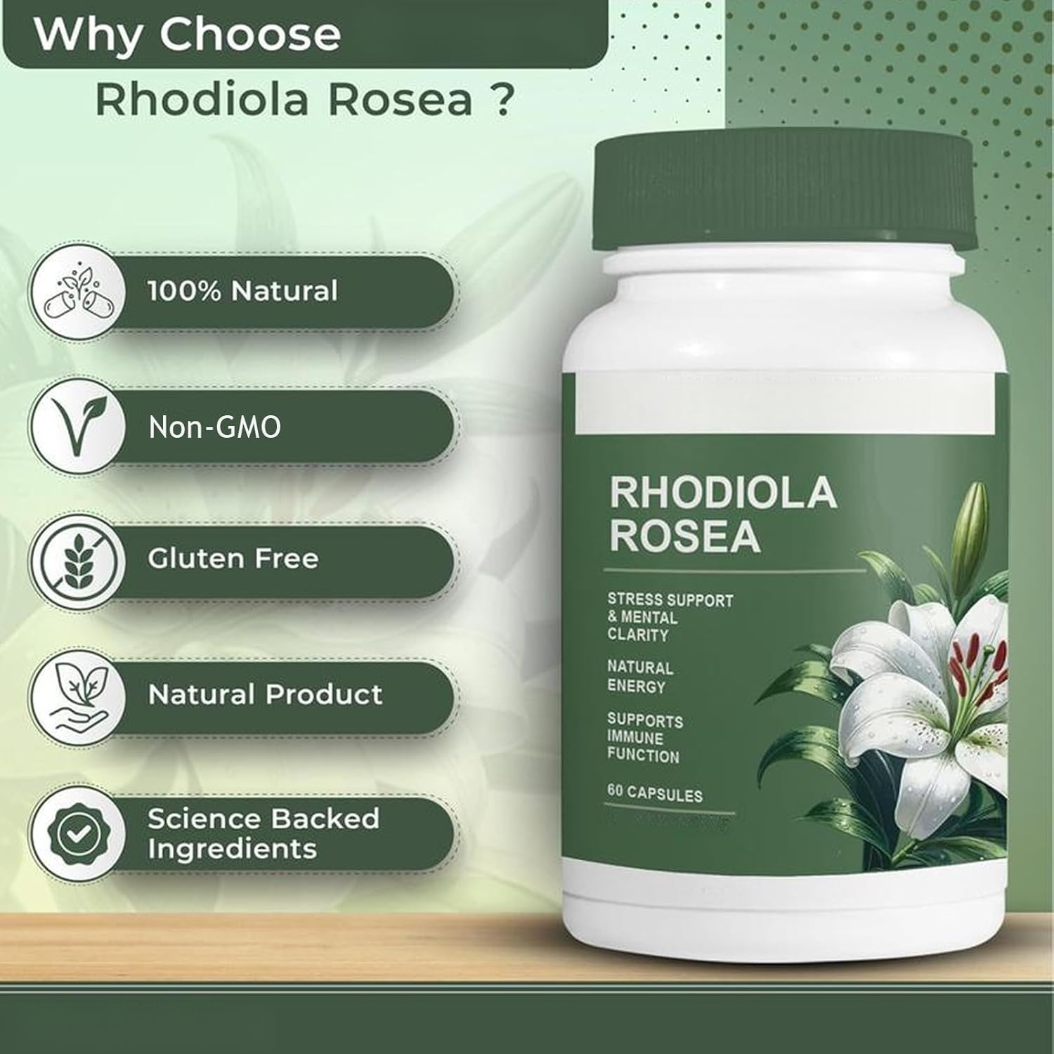 Rhodiola Rosea - Erba adattogena - Supporto per cervello, stress e umore - Miscela naturale - Non OGM