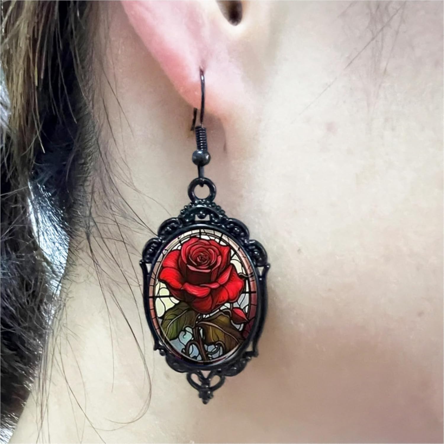 Gothic Rose Cameo Earrings Vintage Crystal Flower Drop Earring Dark Punk Style Victorian Mystic Jewelry Women Red Dangle - Image 2