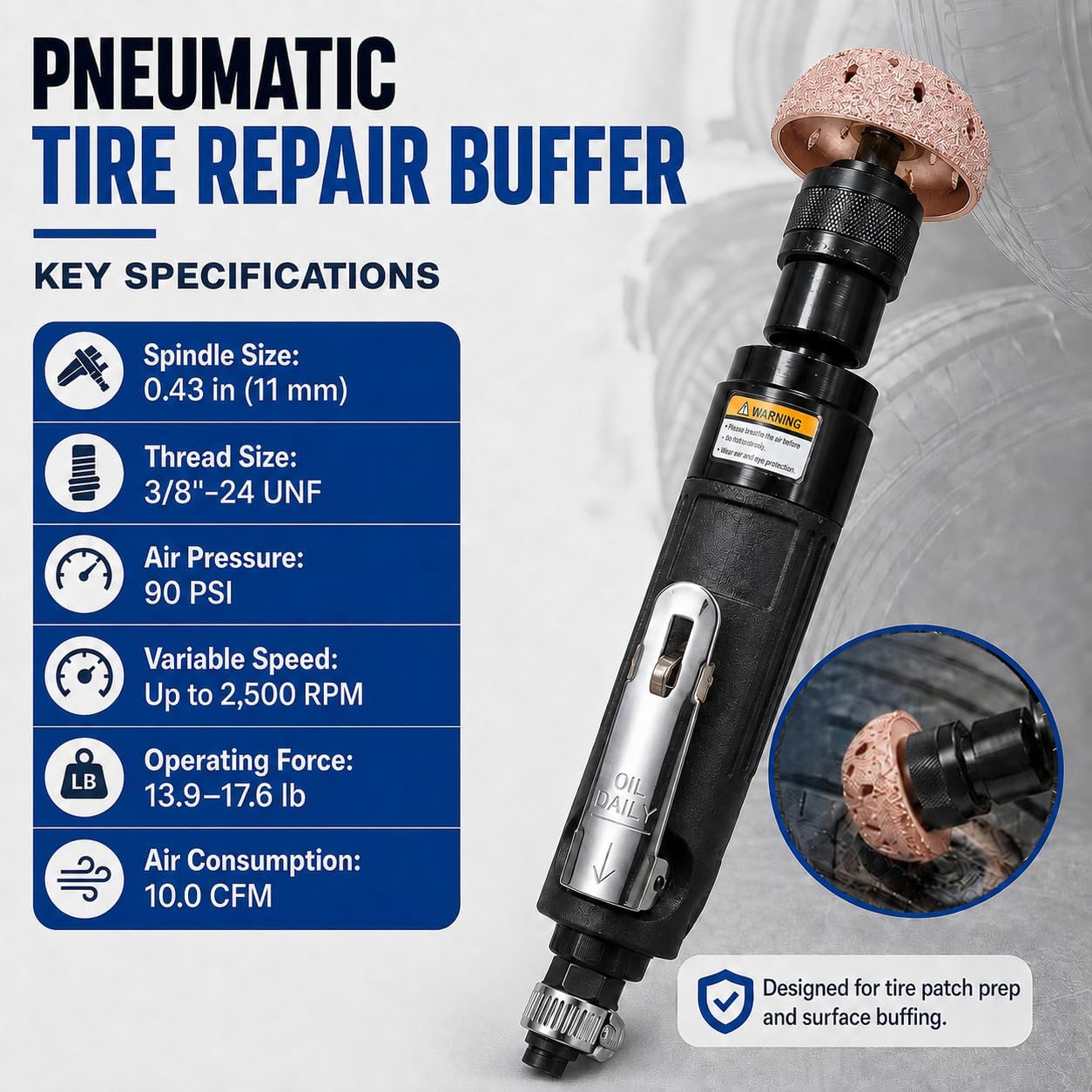 Air Tire Buffer Repair Kit, 2500 RPM Low Speed Pneumatic Buffer with Tungsten Steel Grinding Heads, Patch Roller, Inner Liner Scraper, Air Hose and Chucks for Tire Patch Prep