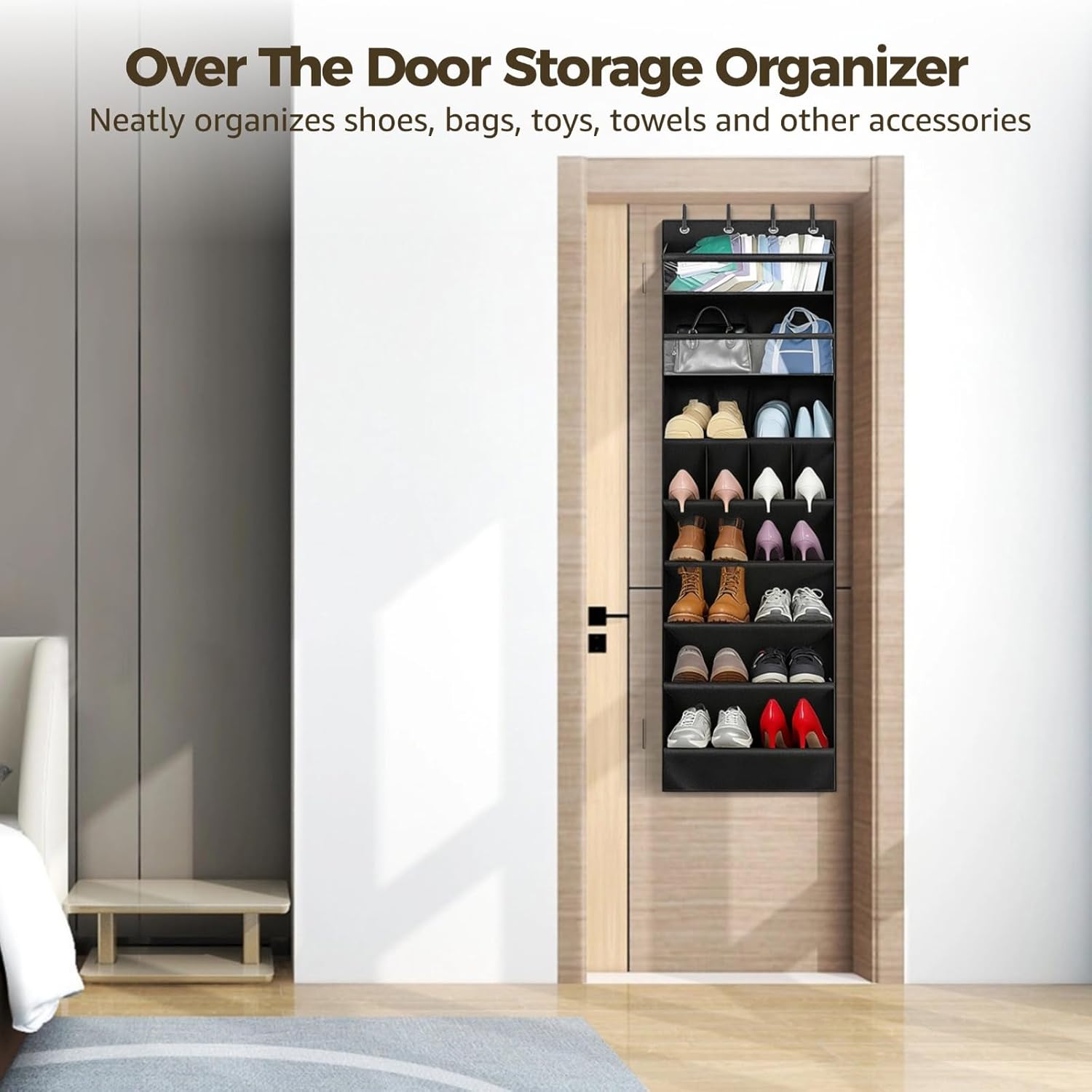 Hanging Shoe Organizer for Doors, 14 Pockets, 600D Oxford, 66.9 in, Black