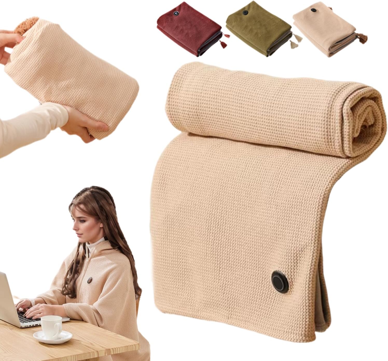 Portable Heated Shawl, 2026 New Portable Heated Blanket Shawl Wraps for Women, Cordless Heated Blanket with 3 Heating Levels for Home Camping Travel (Beige)