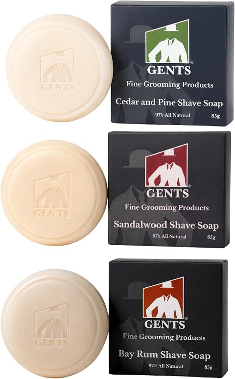 GENTS All Natural Shaving Soap Set for Men, 3 Pack Cedar & Pine, Sandalwood, Bay Rum, Shea Butter Rich Lather, Barbershop Wet Shave Grooming Kit