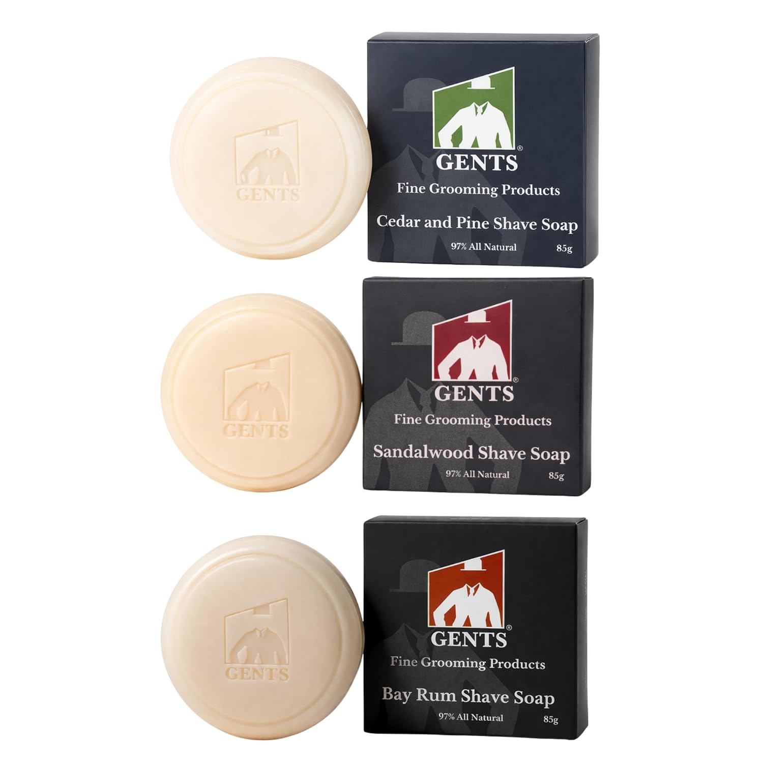 GENTS All Natural Shaving Soap Set for Men, 3 Pack Cedar & Pine, Sandalwood, Bay Rum, Shea Butter Rich Lather, Barbershop Wet Shave Grooming Kit
