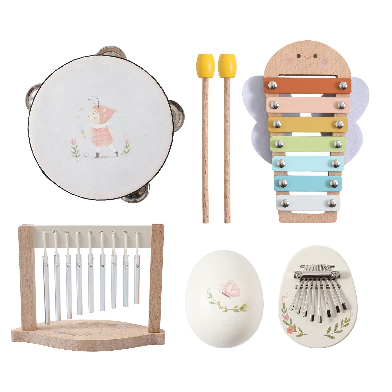 Eujgoov Set di Giocattoli a Percussione in Legno, Strumenti Musicali in Legno Naturale per Bambini con Xilofono e Tamburello, Perfetti per attività di Apprendimento in età Prescolare