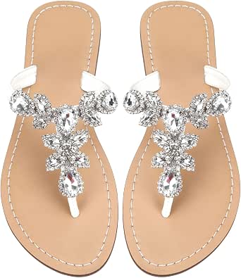 Hinyyrin Women's Rhinestone Flat Sandals - Bohemian T-Strap, 0.39" Low Heel, Non-Slip Rubber Sole, With Extra Gems