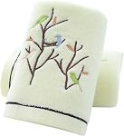 Pidada Hand Towels Set of 2 Embroidered Bird Tree Pattern 100% Cotton Absorbent Soft Decorative Towel for Bathroom (Brown)
