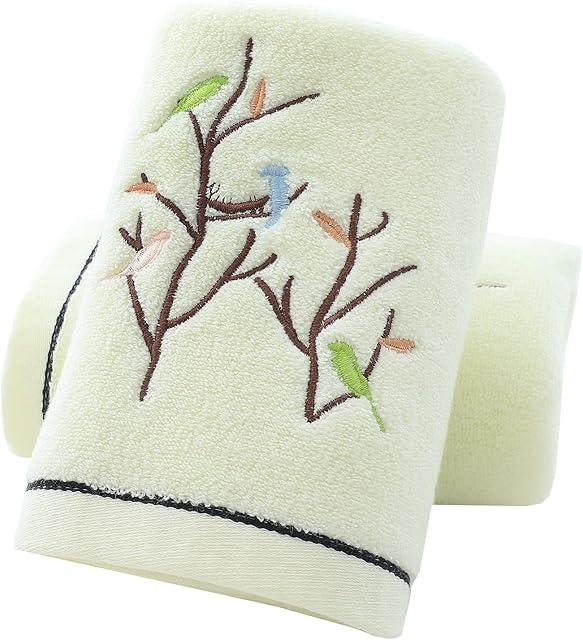Pidada Hand Towels Set of 2 Embroidered Bird Tree Pattern 100% Cotton Absorbent Soft Decorative Towel for Bathroom 35 x 75 Inch (Light Yellow)