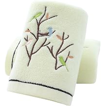 Pidada Hand Towels Set of 2 Embroidered Bird Tree Pattern 100% Cotton Absorbent Soft Decorative Towel for Bathroom Light Yellow