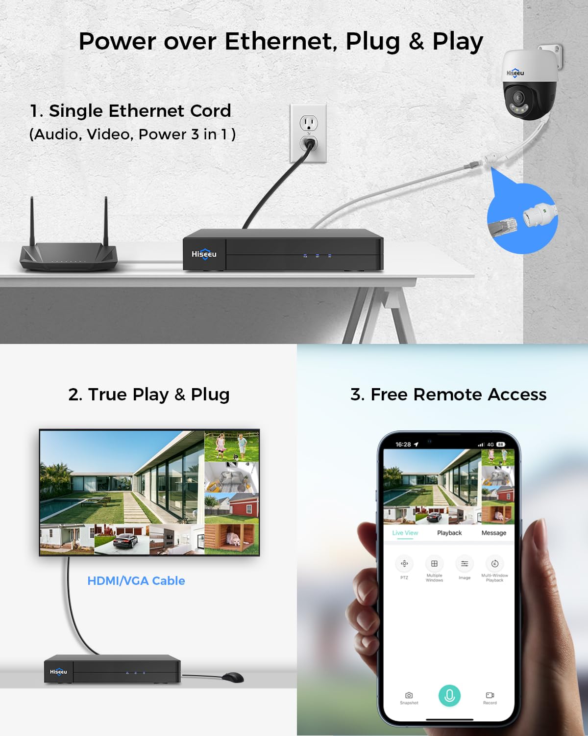 Hiseeu Sistema di telecamere di sicurezza PoE 4K, 8 pezzi, telecamera cablata PoE PTZ da 8 MP per esterni e interni, rilevamento veicolo umano, audio a 2 vie, visione notturna a colori, espandibile 16