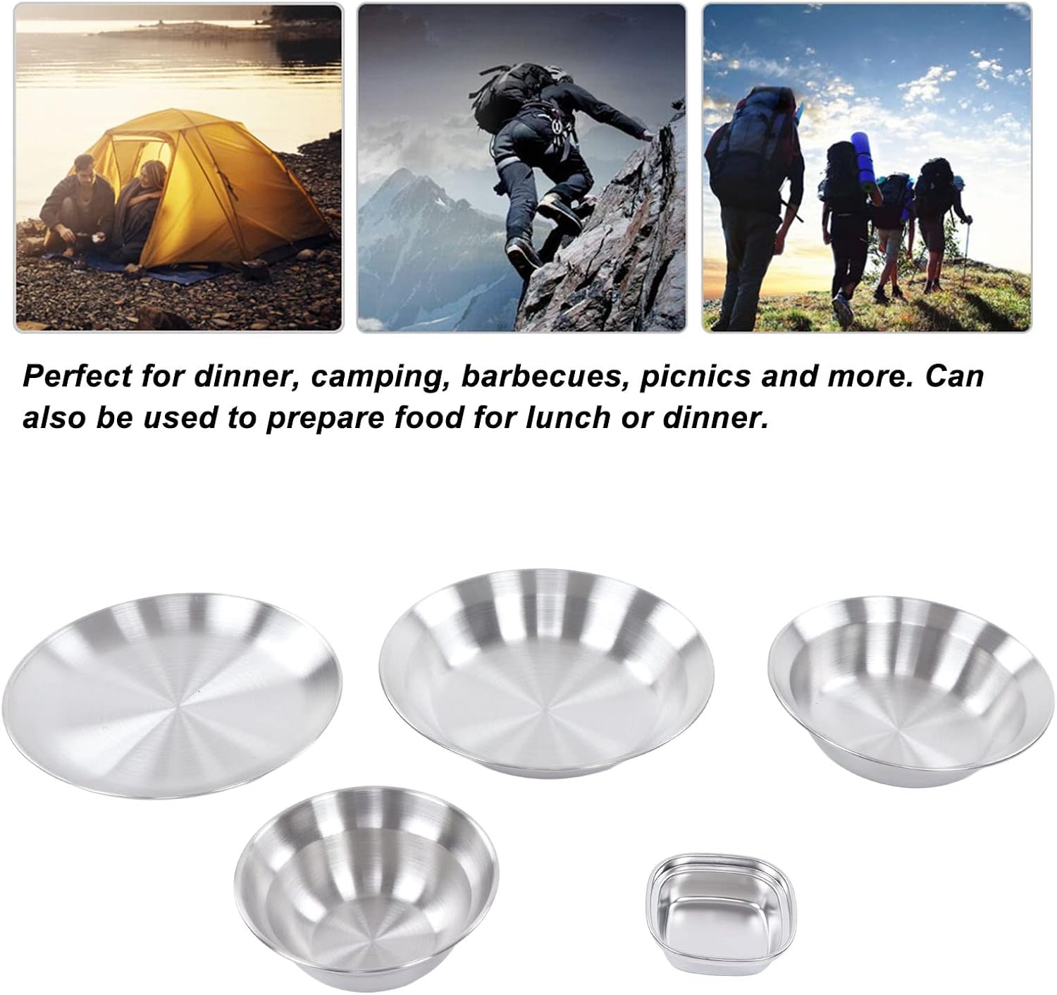 EVTSCAN Stainless Steel Camping Bowl Plate Set, 3 inch to 8 inch Dinnerware Round BPA Free Bowls Plates, with Fruit Knife and Mesh Travel Bag, for Outdoor Camping Hiking Picnic BBQ Beach