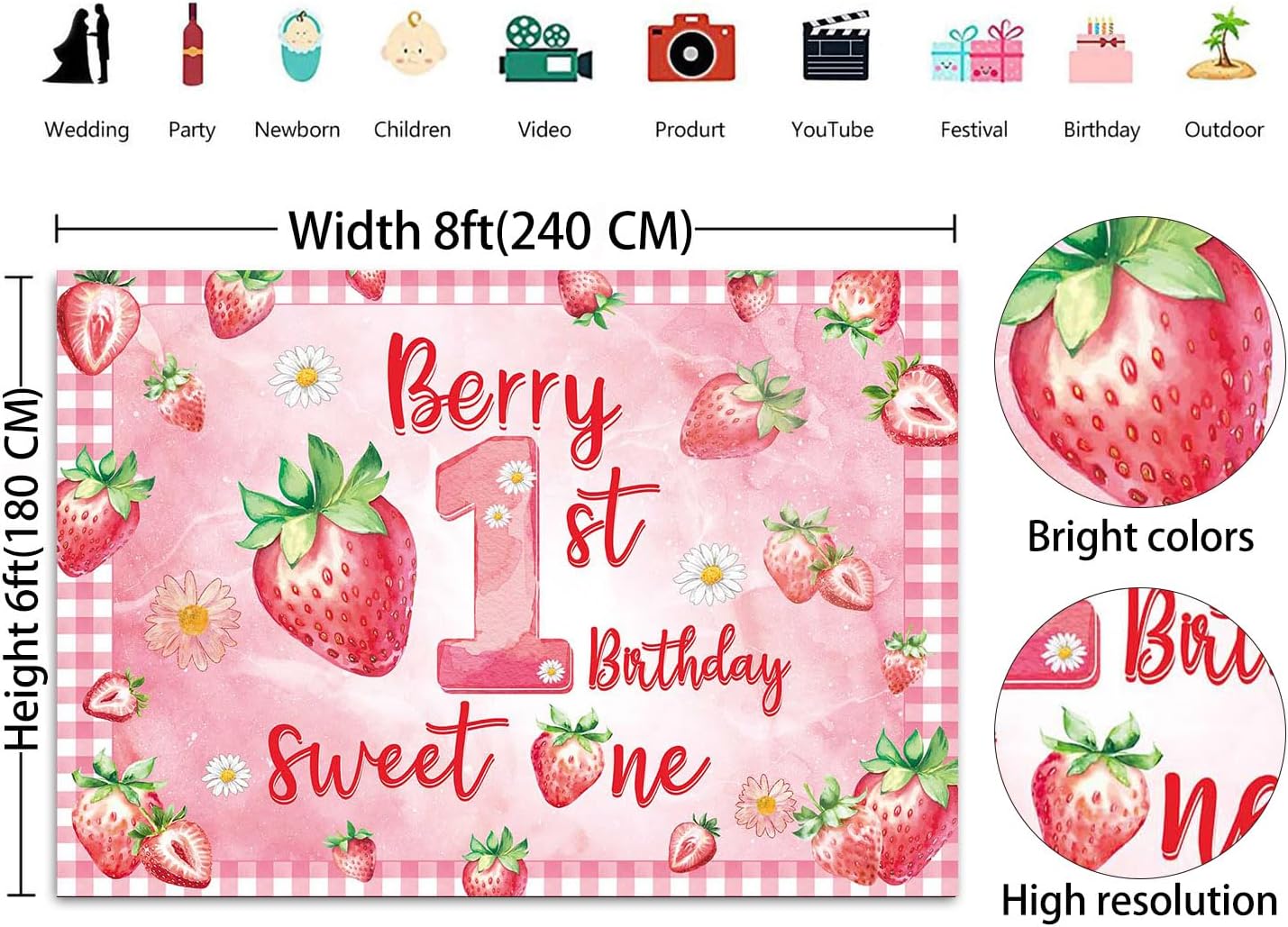 Berry First Birthday Backdrop Banner 8x6ft Strawberry 1st Birthday Photography Background Strawberry Shortcake Sweet One Berry Party Decoration Photo Booth Studio Props
