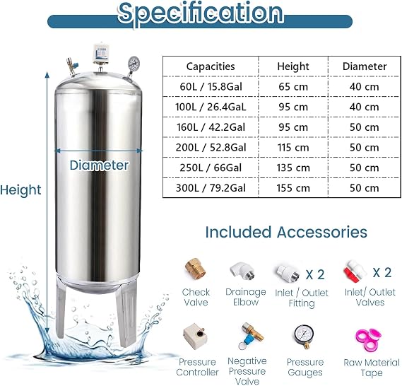 JYHHCYS Well Pressure Tank 50 Gal 60 Gal 80 Gal, Vertical Water Storage Tanks Extra Large with Mounting Kit, Fully Automatic Well Pressure Tank for Home/Agricultural/Garden(60L/15.8Gal - Tall 65 cm)