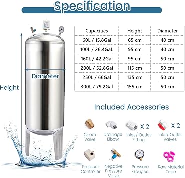 JYHHCYS Well Pressure Tank 50 Gal 60 Gal 80 Gal, Vertical Water Storage Tanks Extra Large with Mounting Kit, Fully Automatic Well Pressure Tank for Home/Agricultural/Garden(60L/15.8Gal - Tall 65 cm)
