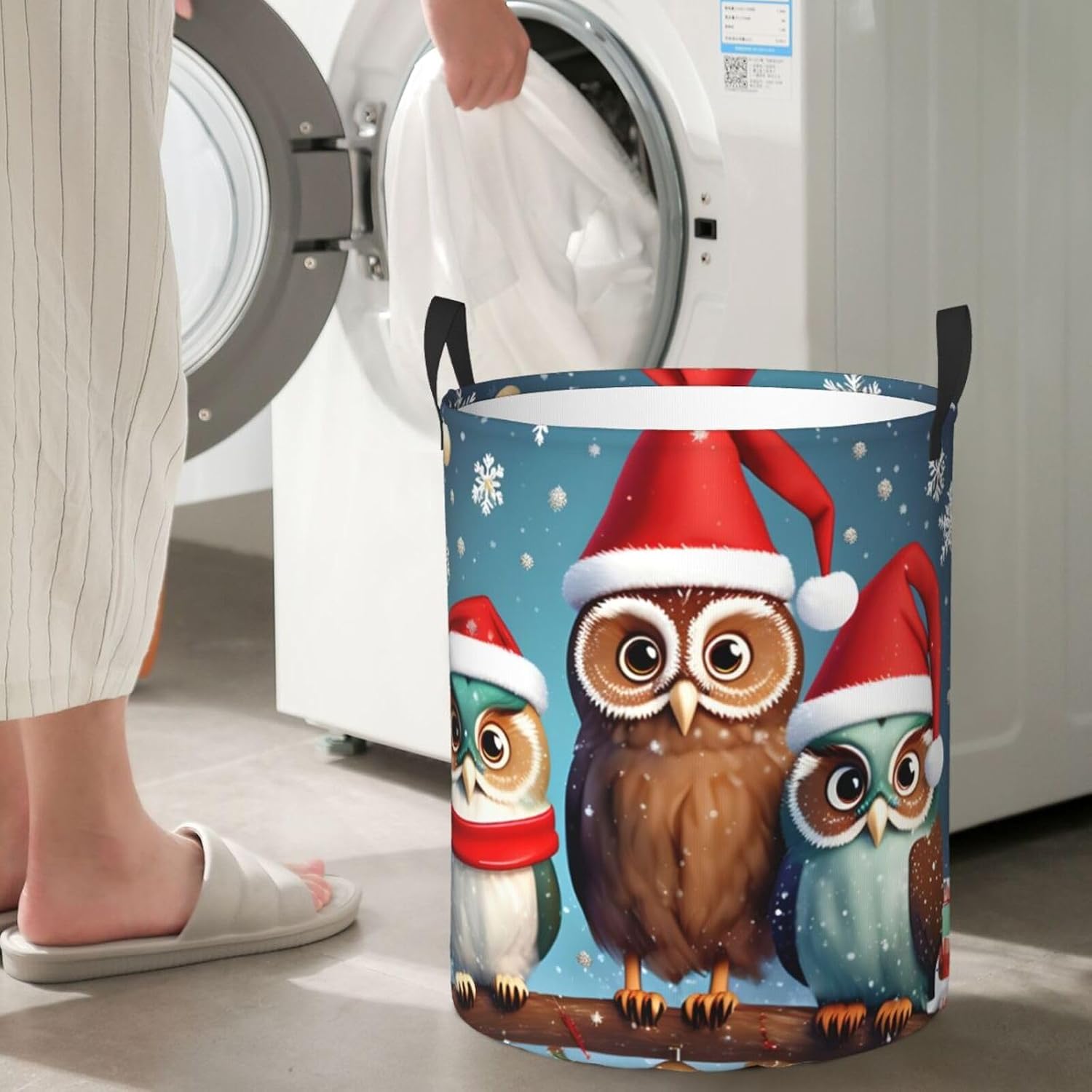 Cute Christmas Owls On Branch Print Circular Protable Storage Bin,Basket For Laundry Hamper With Handles Bedroom Clothes
