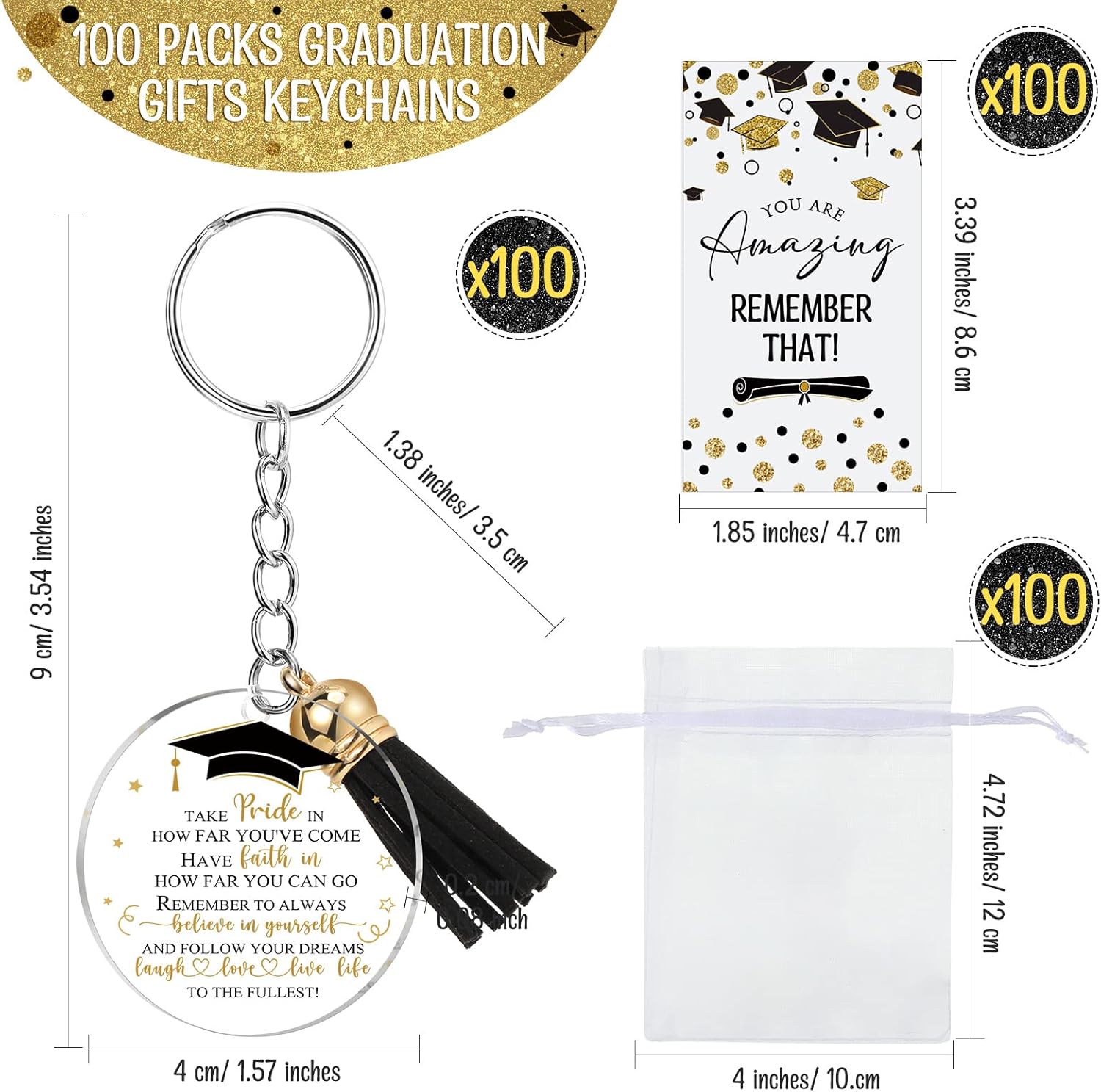 Inbagi 100 Sets Graduation Gifts Keychain Class of 2026 Graduation Tassel Keychain Inspirational Cards for Party Favors University College Middle High School Graduate Souvenir Masters Nurse (Black)
