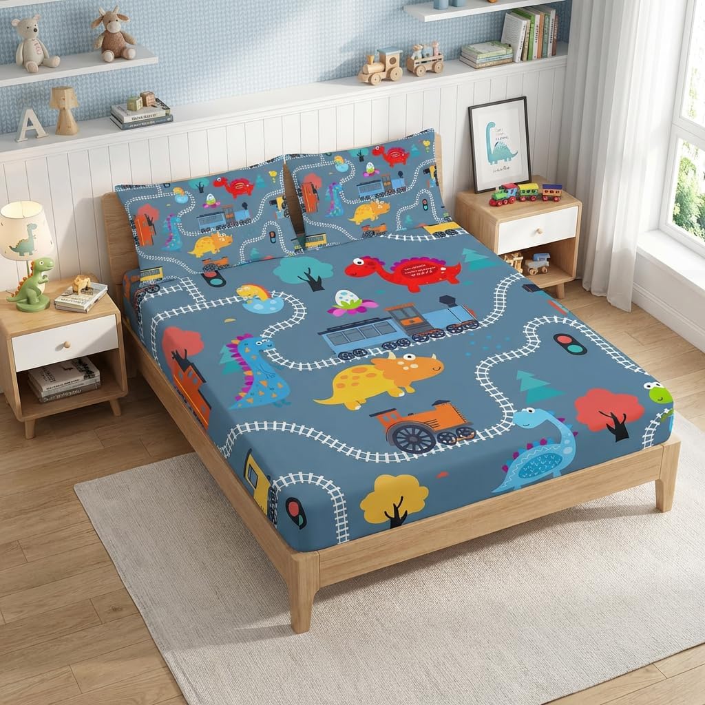 AILONEN Cartoon Train Fitted Sheet Set Twin XL Size, Railroad Train Printed Bedding Set for Kids,Cute Dinosaur Bed Sheet Set for All Season,3-Pieces,1 Sheet Set with 2 Pillowcases,Soft,Breathable