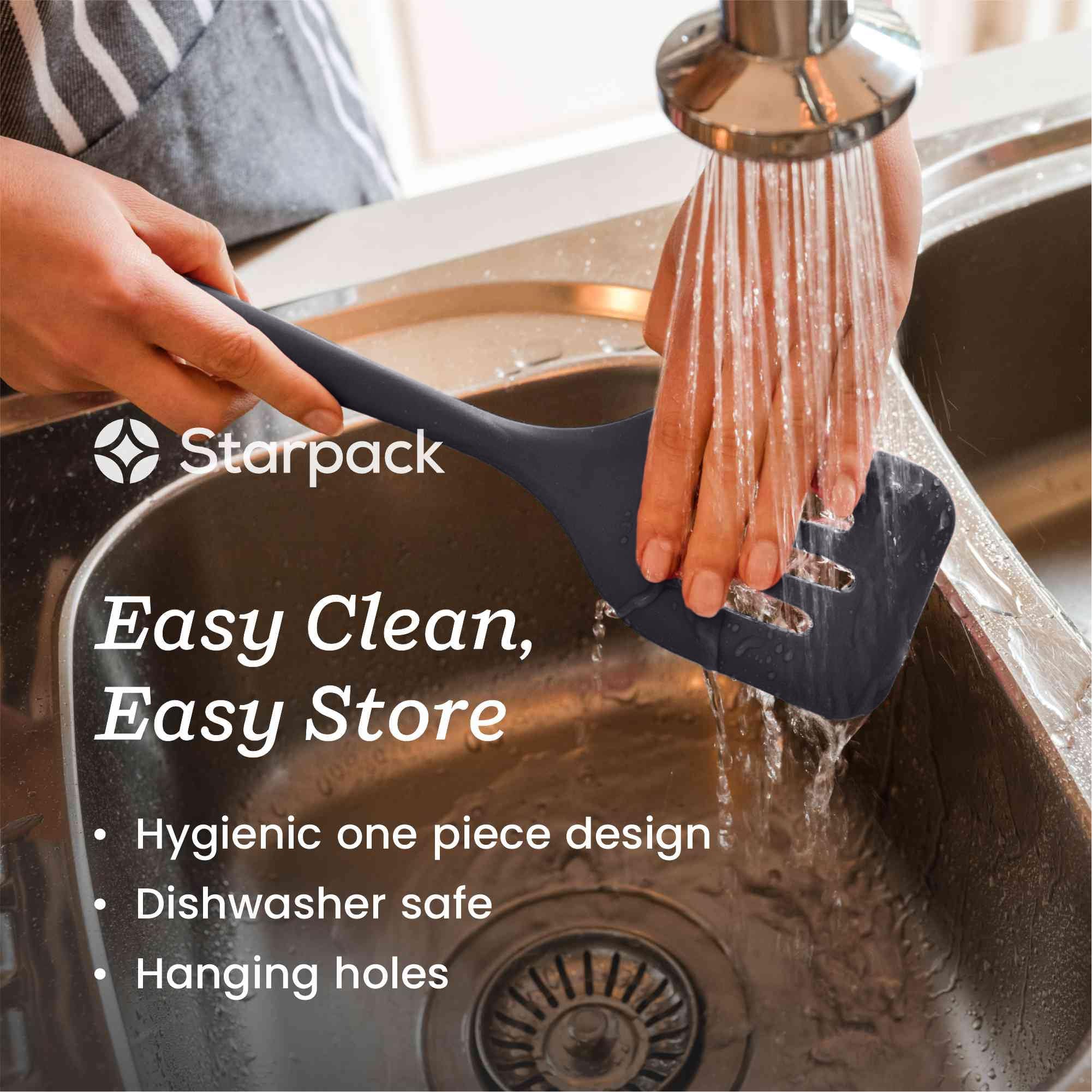 StarPack Premium XL Pfannenwender aus Silikon (34.3 cm), hoch hitzebeständig bis 315 °C, hygienisches einteiliges Design, antihaftbeschichtet, Küchenhelfer für Fisch, Pfannkuchen, Wok (grau-schwarz)