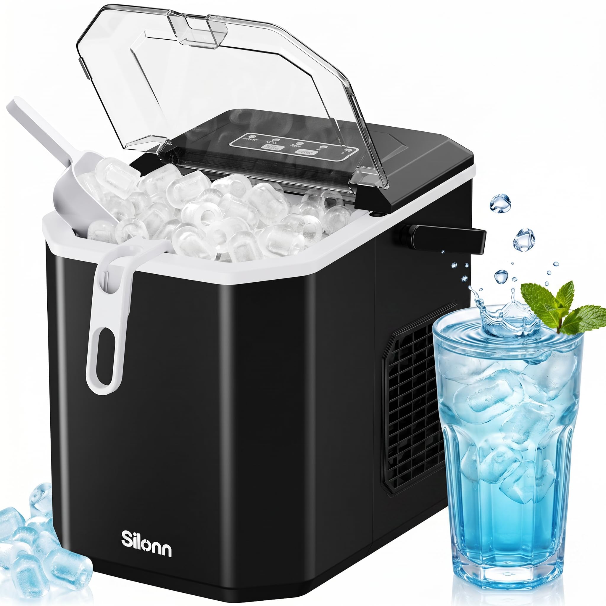 Silonn Macchina per cubetti di ghiaccio con maniglia e cestino per il ghiaccio, mini Ice Maker con autopulente, 9 cubetti di ghiaccio in 6 minuti, 12 kg/24 ore, 2 dimensioni di cubetti di ghiaccio