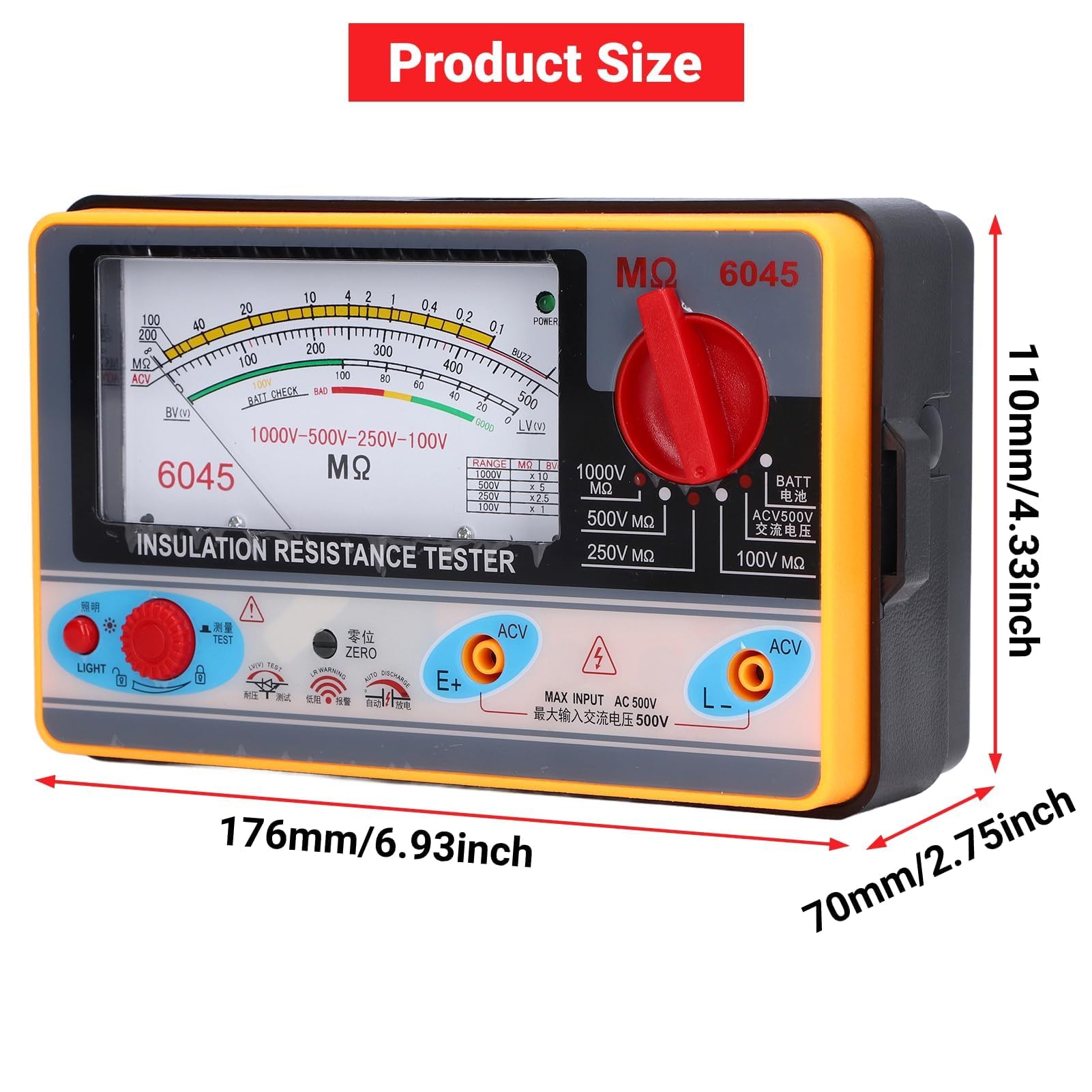 TY6045 Testeur de Résistance D'isolement Mégohmmètre Portable 1000V 5MΩ‑2000MΩ Mesures de Résistance ABS Mètre 10-2000M±10% Longueur D'arc