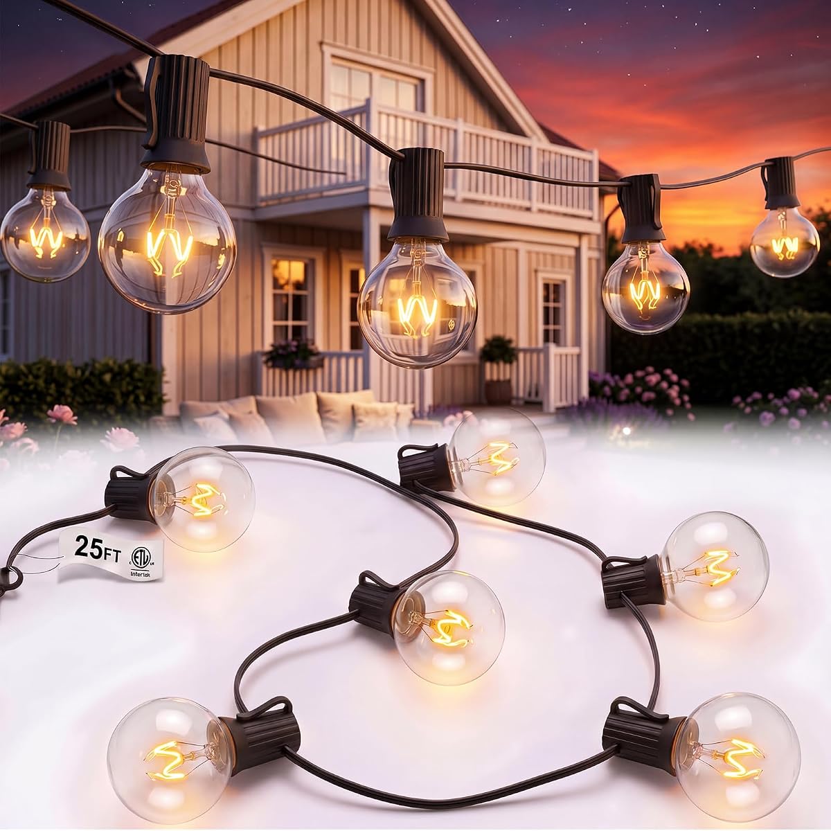 Abeja Cadena de luces para patio al aire libre de 25 pies, cadena de luces G40 para exteriores con 27 bombillas transparentes, luz colgante para porche, patio trasero, barras de cubierta, decoración interior de boda, base E12, cable negro de 5 W