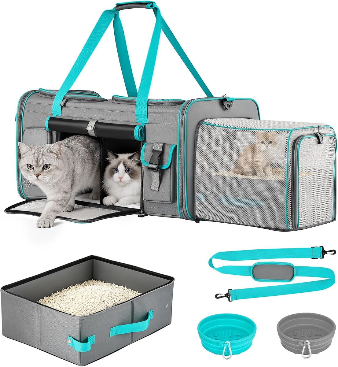 Cat Carrier for 2 Cats with Expandable Space & Litter Box, Gray | Extra Large Soft Sided Pet Carrier with Detachable Divider, Puppy Travel Carriers for Home, Car, Camping & Vet Visits