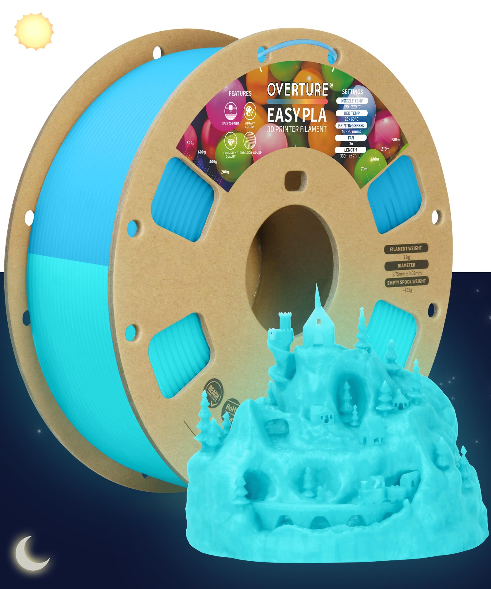 OVERTURELuminous Easy PLA Filament 1.75mm, Glow Easy PLA 3D Printer Filament 1kg Spool (2.2lbs), Dimensional Accuracy +/- 0.03 mm, Fit Most FDM Printer (Glow Blue)