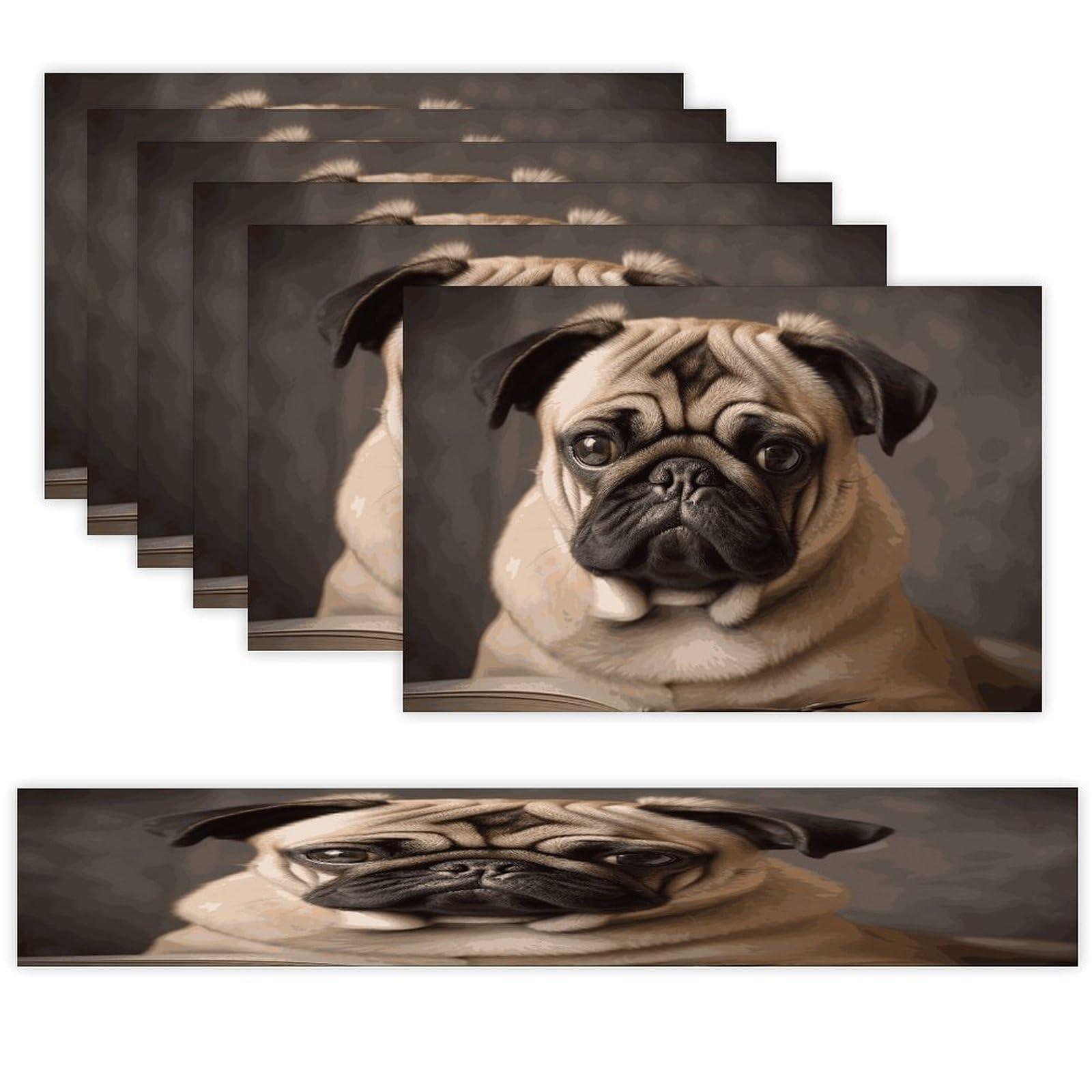 Animal Pug Dog Table Runner and Placemats Set of 6 Wipe Clean Heat Resistant Table Mat with Table Runner Decorations Flax Linen Place Mat Set for Home Kitchen Party Supplies