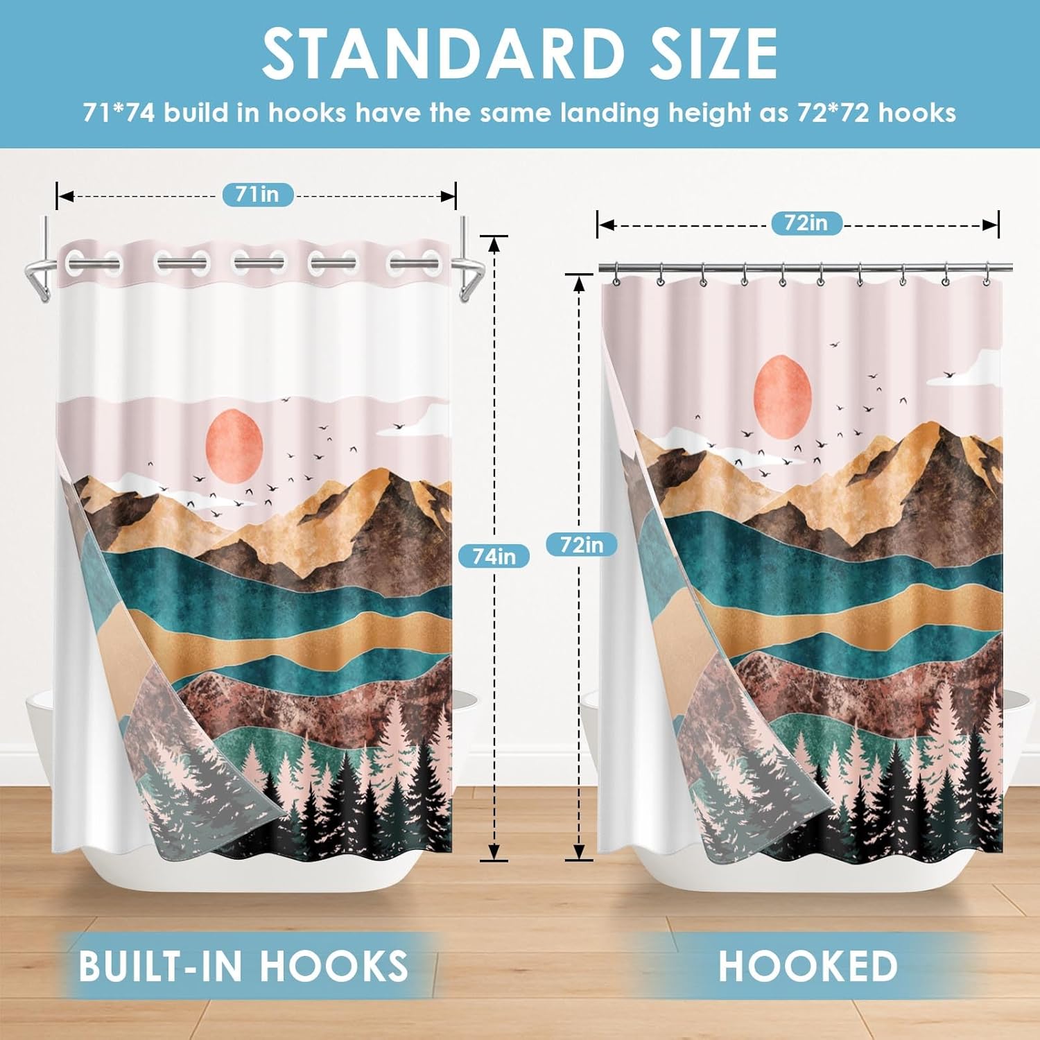 No Hook Boho Mountain Shower Curtain with Snap in Fabric Liner Set, Nature Forest Landscape Double Layers Waterproof Fabric with See Through Top Window Open Grommet Bath Curtain 71x74 Inch