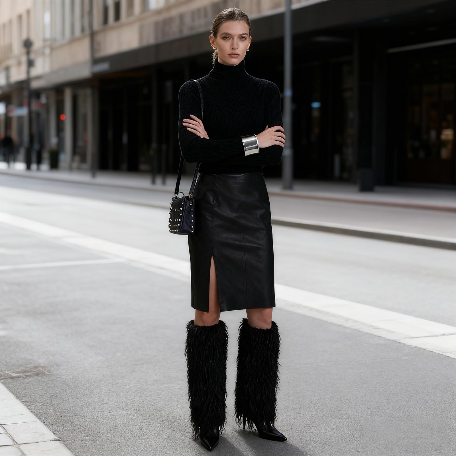 Fur Knee High Boots for Women Pointed Toe Stiletto Heel Fold Over Tall Boots Fashion Wide Calf Long Booties: 9.5 Black
