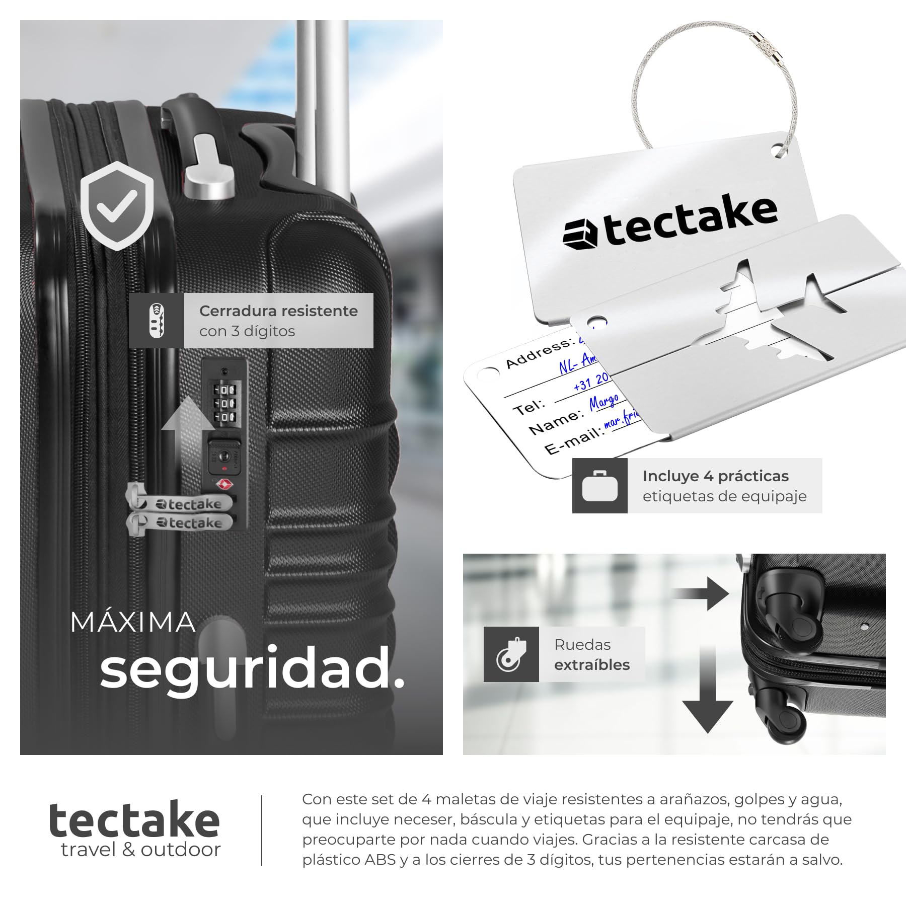tectake® Juego de 4 Maletas Rígidas en ABS, con Báscula y Etiquetas de Equipaje, Set de Maletas de Viaje con Ruedas de 360º y Asa Telescópica, Cerradura de Combinación, Apilables Entre sí - Negro