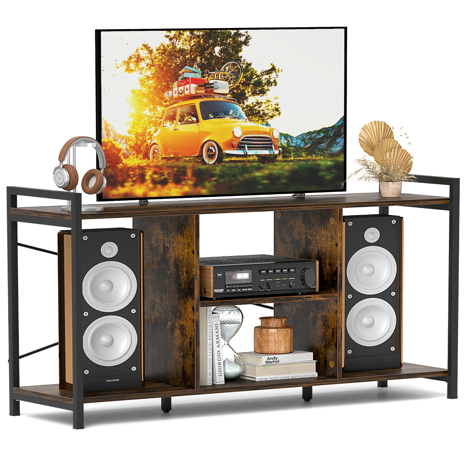 Tangkula Industrial TV Stand for 55” TVs, Entertainment Center with 4 Open Shelves, 3-Tier Media Console Table with Heavy-Duty Metal Frame & Side
