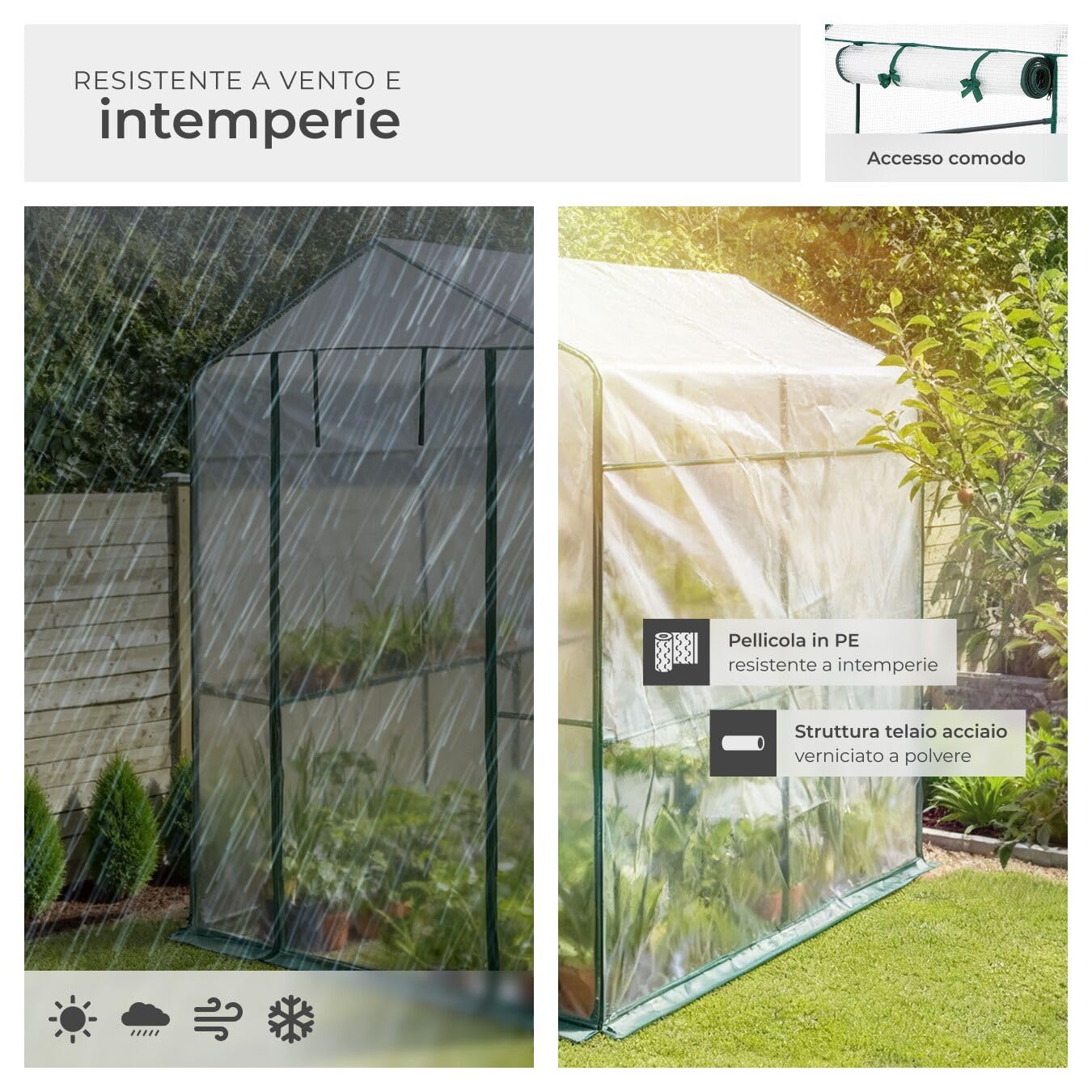 tectake® Serra da Giardino con Telaio in Acciaio, Serra per Orto con 4 Griglie di Appoggio in Metallo, Pellicola Retinata in Propilene, Comoda Porta di Accesso, Resistente ai Raggi UV - Bianco