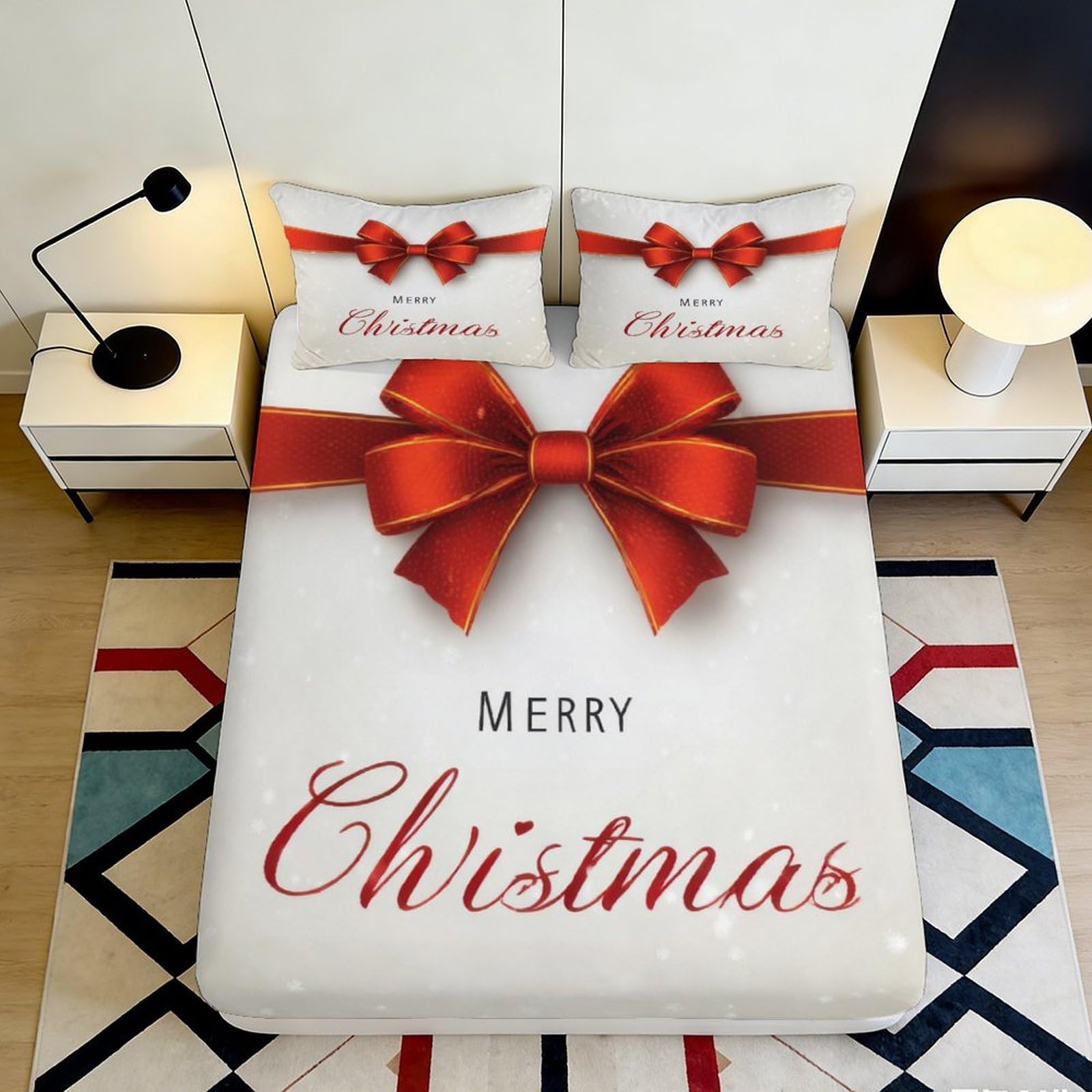 Pnayamiorkfel Style-1 3D Printed Christmas Red Bow Fitted Sheet Microfiber Soft Bedroom Decoration Gift Bed Cover For All Ages 90X200x25cm