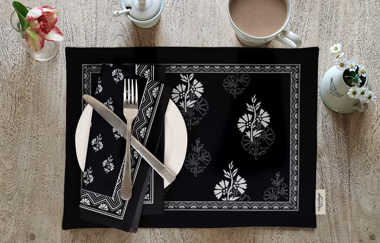 Placemats - Placemat for Dining Table, Set of 4- Printed & Reversible Cotton Napkin- Indoor Placemats for Home & Kitchen Dining Table- Asian Block (Black)