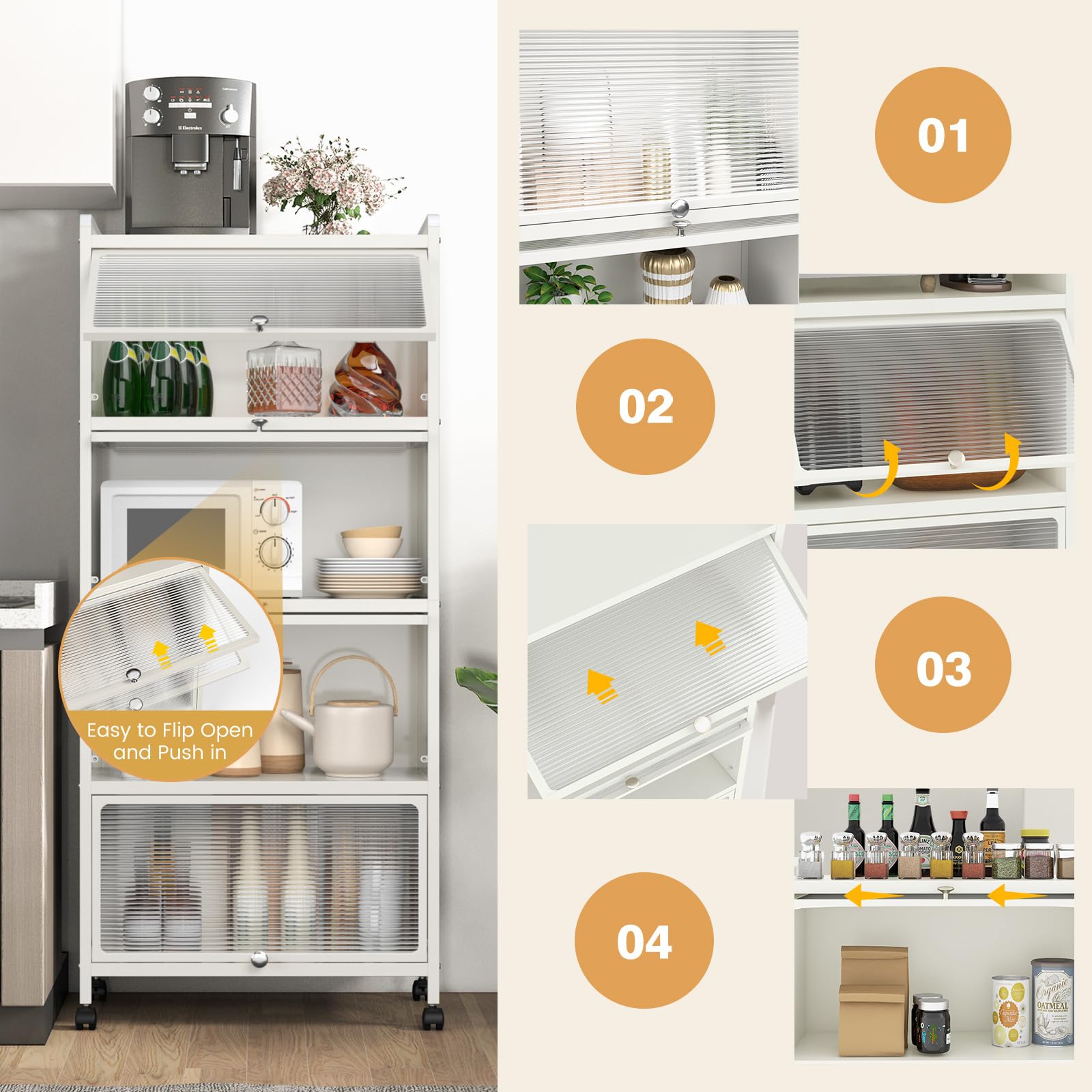 KOMFOTTEU Armoire à Porte Mobile, 5 Niveaux, Fer, 60 x 32 x 154 cm, Blanc | Étagère de Cuisine, 4 roulettes, Meuble de Rangement, Kit Anti-basculement, Salon, Salle à Manger