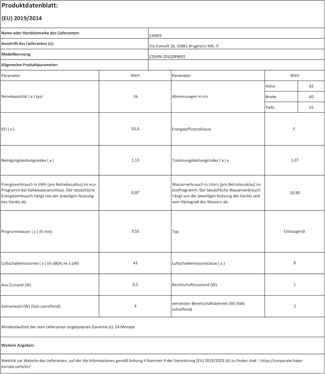 Candy CDIMN 2D620PBR - Lavastoviglie a Scomparsa Totale, 16 Coperti, Classe A++, Wifi [Classe di efficienza energetica E]