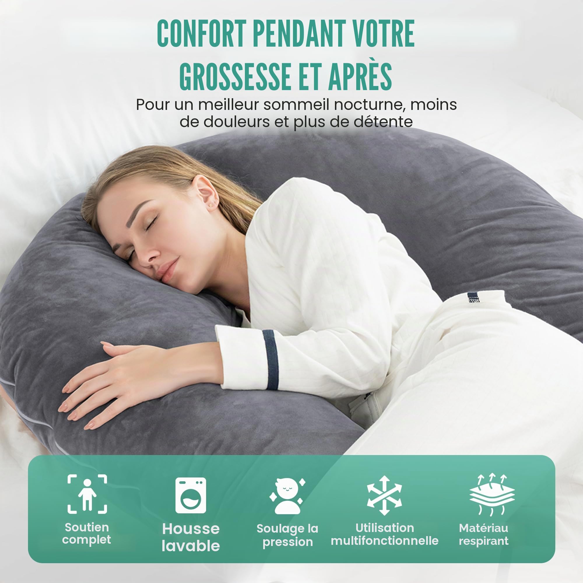 Avalo Coussin de Grossesse XXL 280 cm - Oreiller de positionnement latéral en Forme de U - Oreiller Corps Ergonomique - Coussin d'allaitement et de Corps pour Femmes Enceintes - Gris foncé
