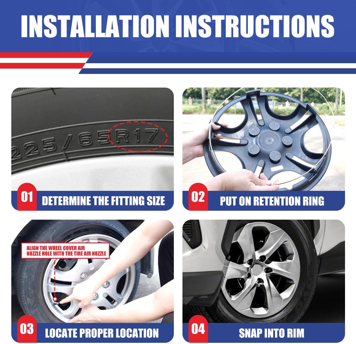 ROXX Wheel Cover Kit for 2019-2025 Toyota RAV4 17", Hubcaps Set of 4 Silver Lacquer Wheel Cover with Snap-On Rings, Not fit for RAV4 Hybrid or Prime Model