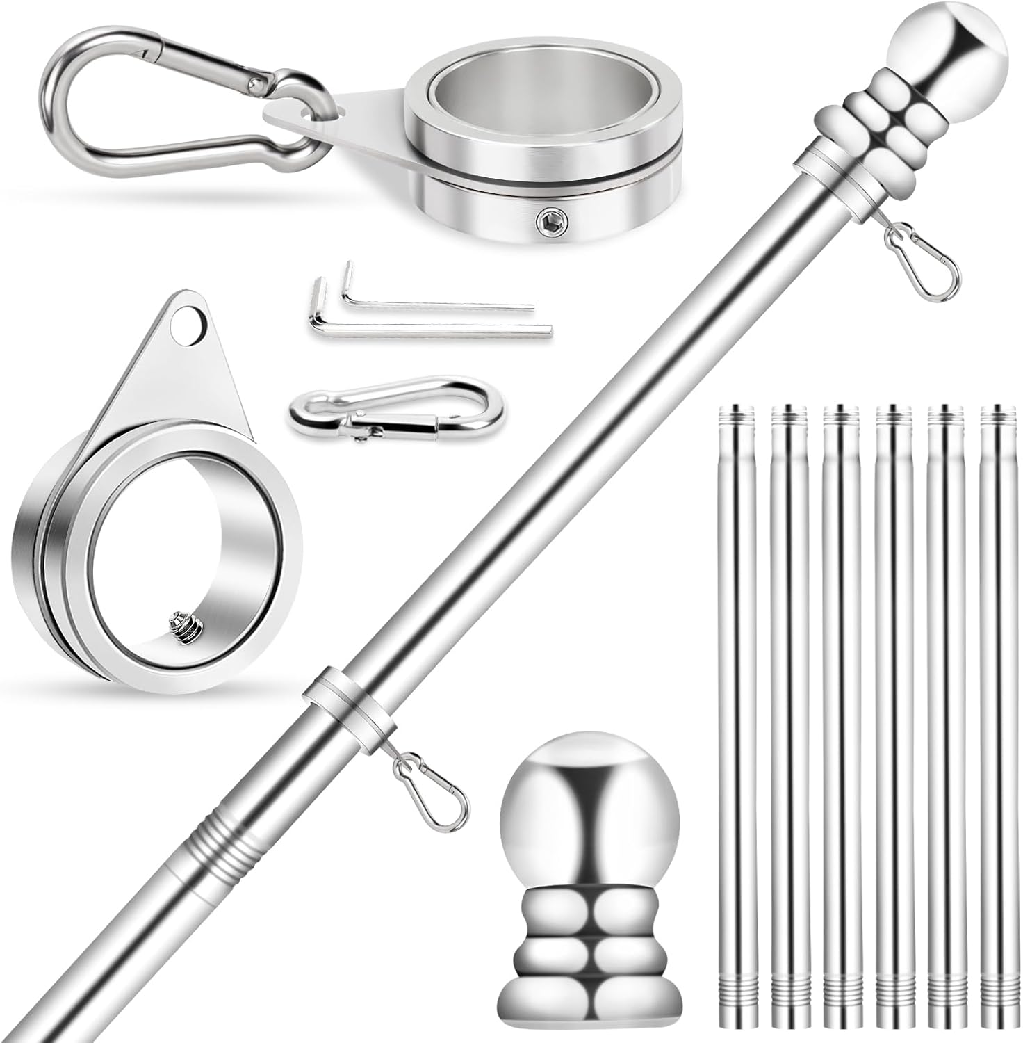 Flag Pole for Outside House Porch Wall Mount, REERON 7 FT No Tangle Stainless Steel Spinning Flagpole Kit with 360° Rotating 1" Metal Flag Pole Rings Clips for 3x5' 4x6' American Flag, Without Bracket