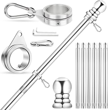 Flag Pole for Outside House Porch Wall Mount, REERON 7 FT No Tangle Stainless Steel Spinning Flagpole Kit with 360 Rotating 1" Metal Flag Pole Rings Clips for 3x5 4x6 American Flag, Without Bracket