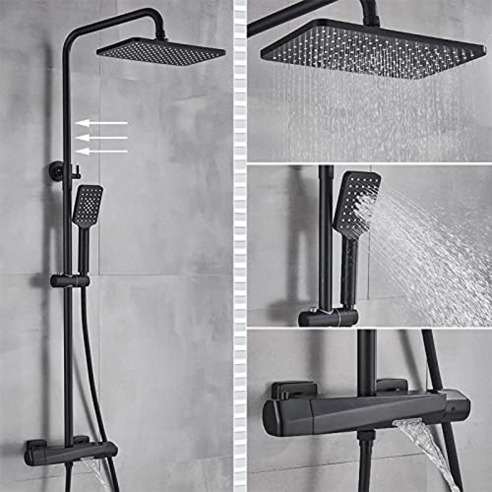 Bateria Prysznicowa Termostatyczna Bateria Wannowa Deszczownica Ścienny Bateria Mieszająca Do Wanny Termostatyczny Zestaw Prysznicowy-Czarny, Czarny, Zestaw Baterii Prysz