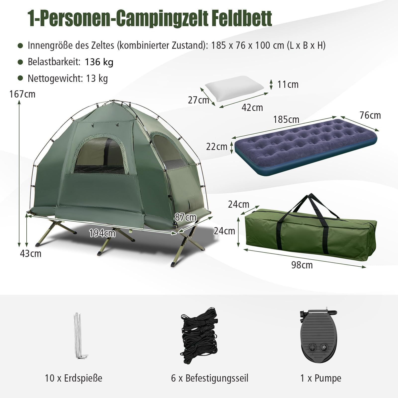 GOPLUS Feldbett mit Zelt für 1 Personen, 5 in 1 Campingzelt wasserdicht mit Sonnenschutz, Luftmatratze, Kissen, Schlafsack & Tragetasche, Campingliege Campingbett zum Wandern und Picknick