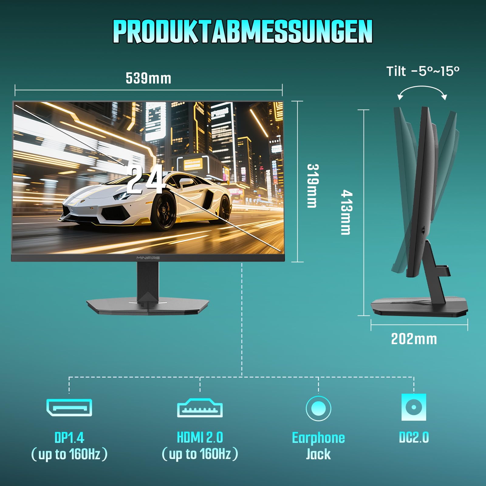 Minifire Gaming Monitor 24 Zoll 200 Hz 1ms FreeSync Full HD Rahmenlos Low Blue Light HDR 300Nits sRGB 110% 4000:1 Kontrast HDMI 2.0 DP 1.4