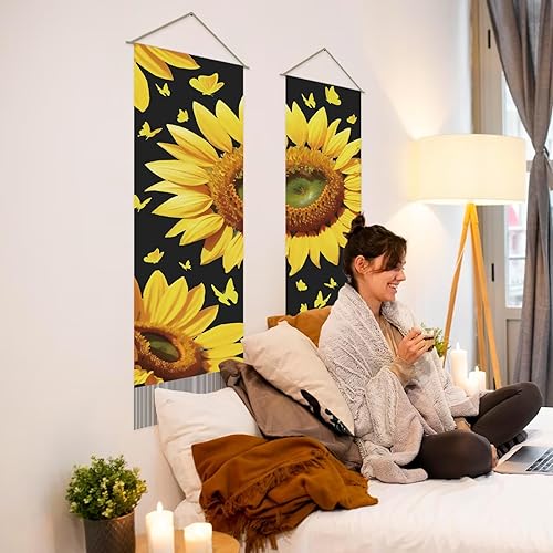 Miniatura 7 de AHANDMAKER 2 tapices de girasol, tapiz vertical de flores de mariposa para colgar en la pared, tapiz de flores amarillas, decoración rústica para